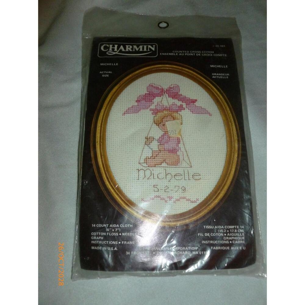 Janlynn Charmin Cross Stitch Kit Birth Birthday Theme with Frame Excellent